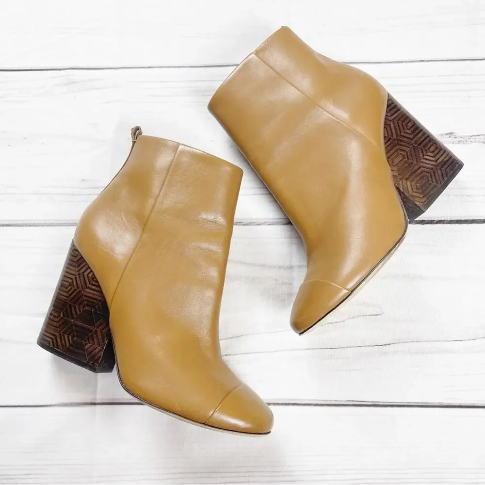 Tory Burch Women's Grove Cap Toe‎ Tan Block Heels Toe Boots Size 8